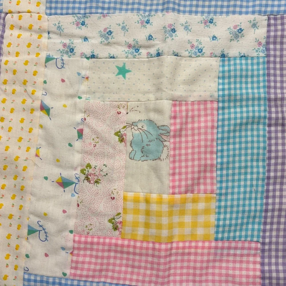Vintage Handmade Baby Quilt Pastel Gingham Bunny Log Cabin Eyelet Trim 44x45
